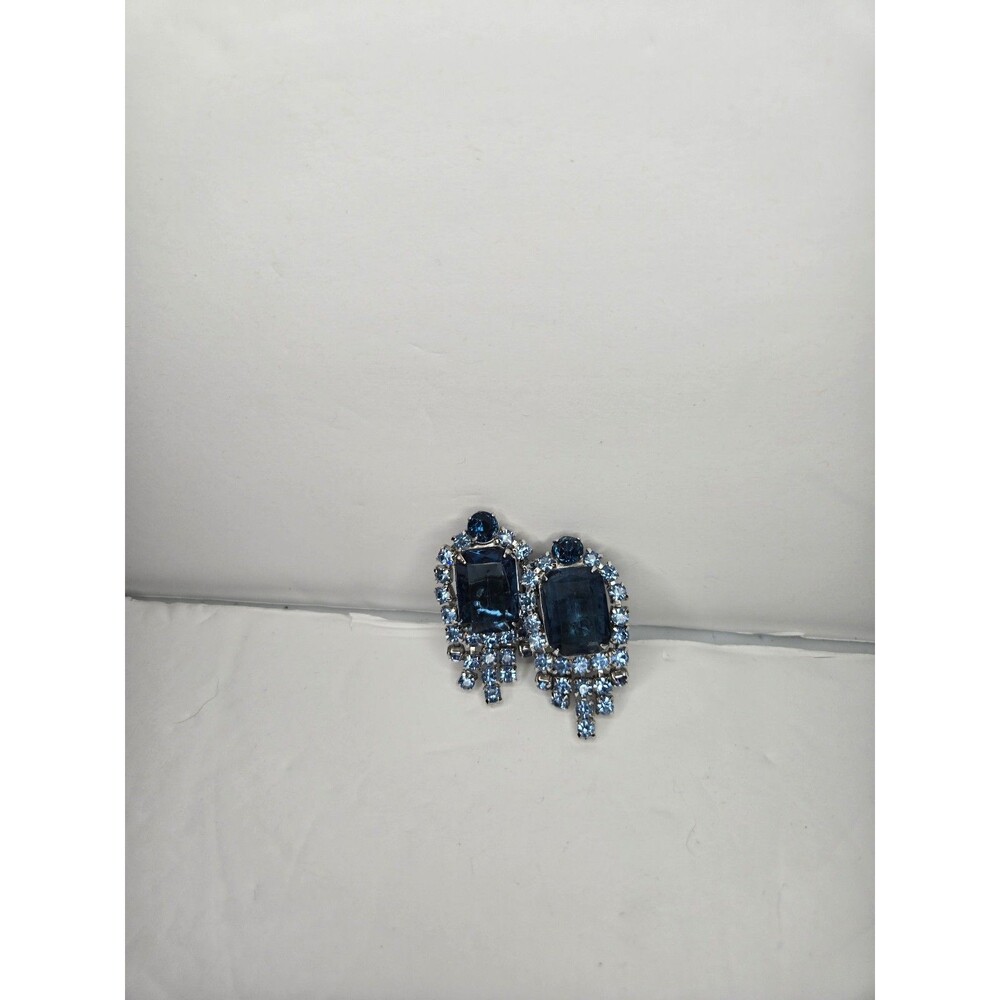 Silver Tone Clip On Earrings with Large Blue Rhinestones and Smaller Dangles